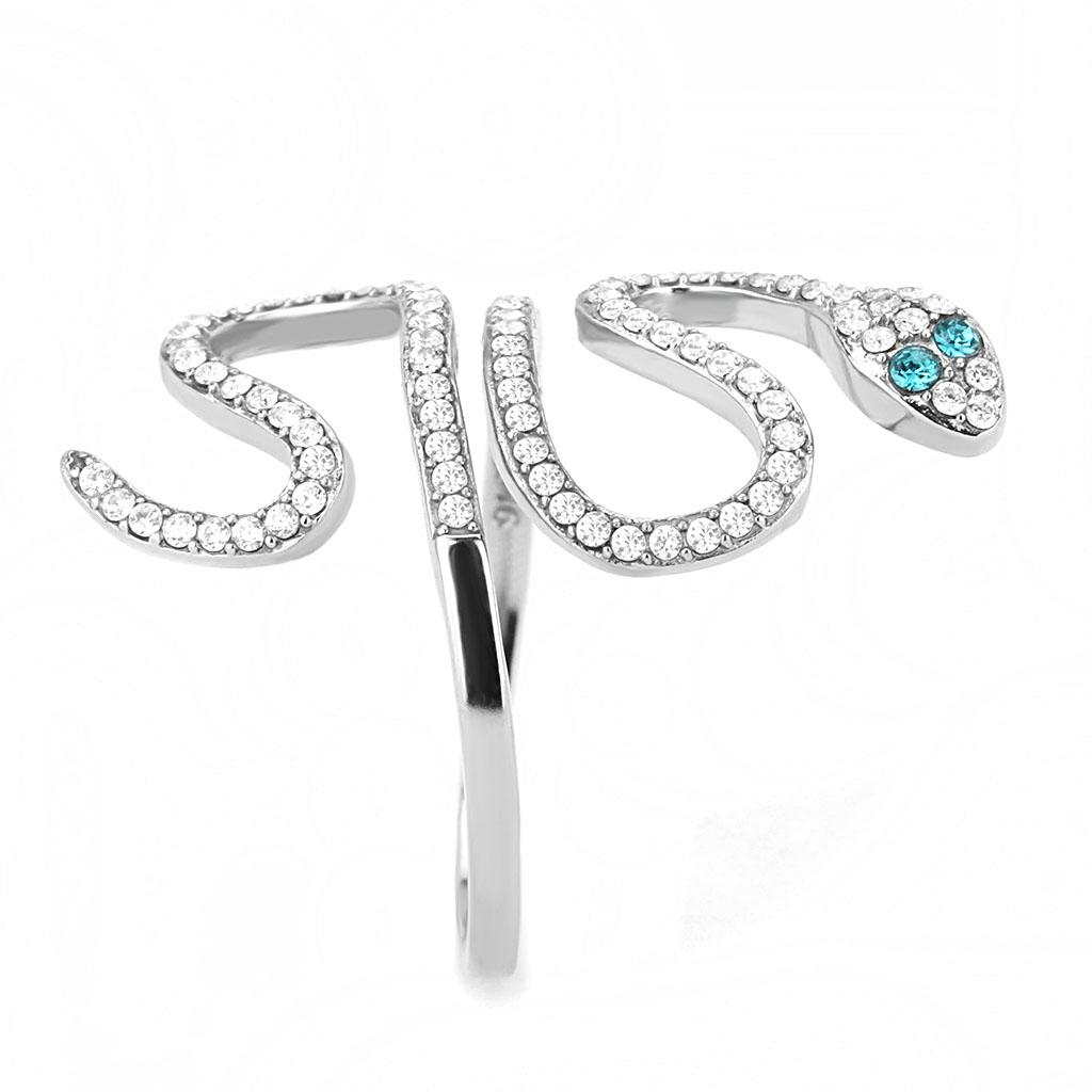 DA051 - High polished (no plating) Stainless Steel Ring with Top Grade Crystal in Blue Zircon