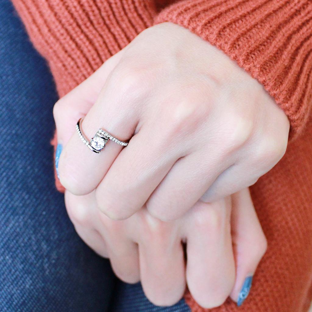 DA151 - High polished (no plating) Stainless Steel Ring with AAA Grade CZ in Clear