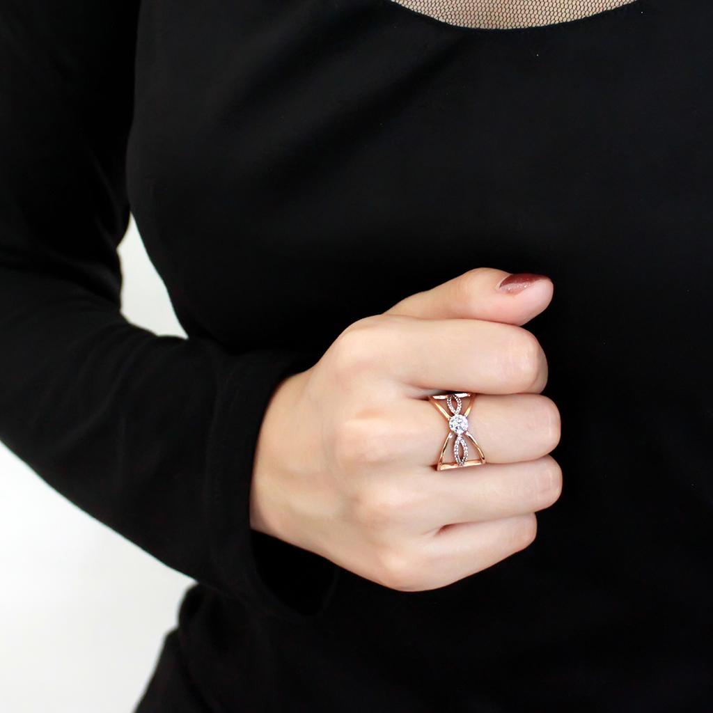 DA169 - IP Rose Gold(Ion Plating) Stainless Steel Ring with AAA Grade CZ in Clear