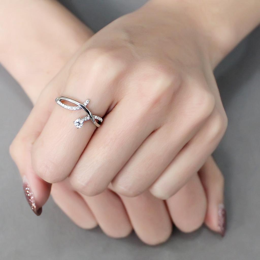 DA240 - High polished (no plating) Stainless Steel Ring with AAA Grade CZ in Clear
