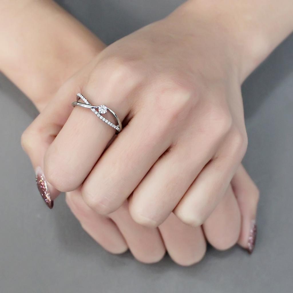 DA261 - High polished (no plating) Stainless Steel Ring with AAA Grade CZ in Clear