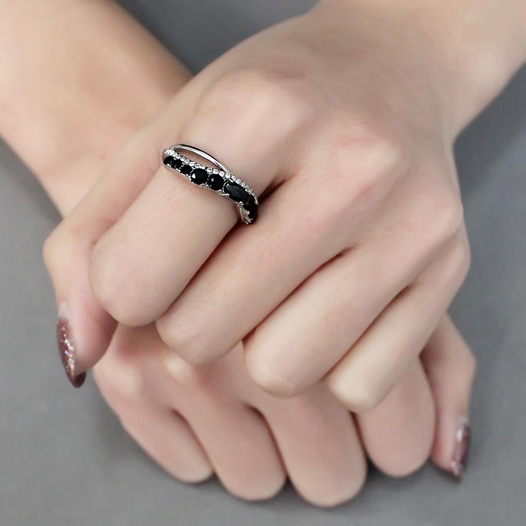 DA269 - High polished (no plating) Stainless Steel Ring with AAA Grade CZ in Black Diamond