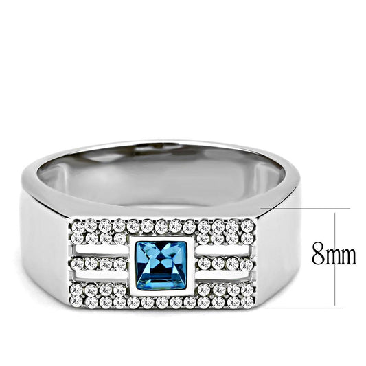 DA283 - High polished (no plating) Stainless Steel Ring with Top Grade Crystal in Sea Blue