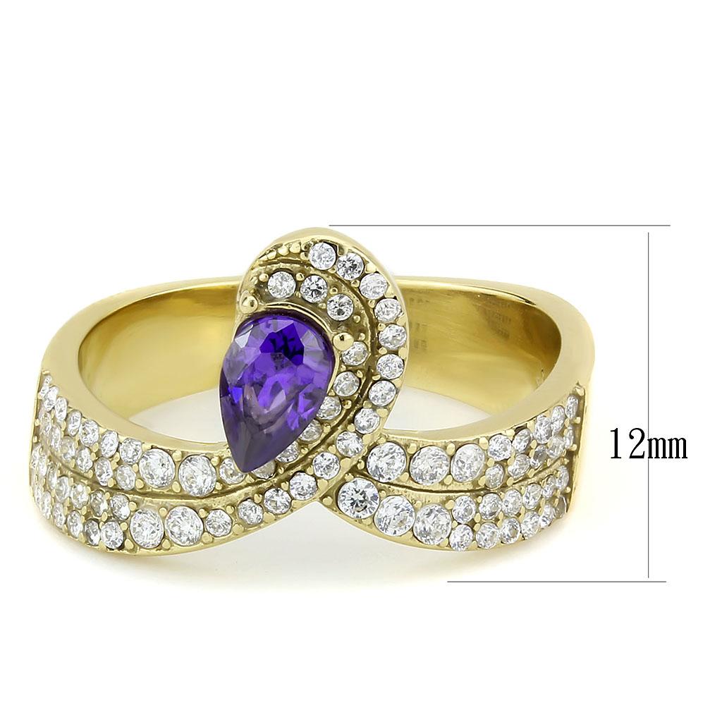 DA304 - IP Gold(Ion Plating) Stainless Steel Ring with AAA Grade CZ in Tanzanite