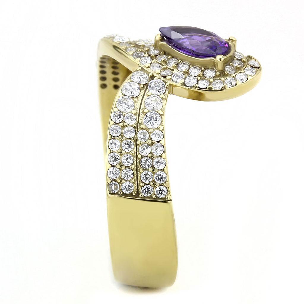 DA304 - IP Gold(Ion Plating) Stainless Steel Ring with AAA Grade CZ in Tanzanite
