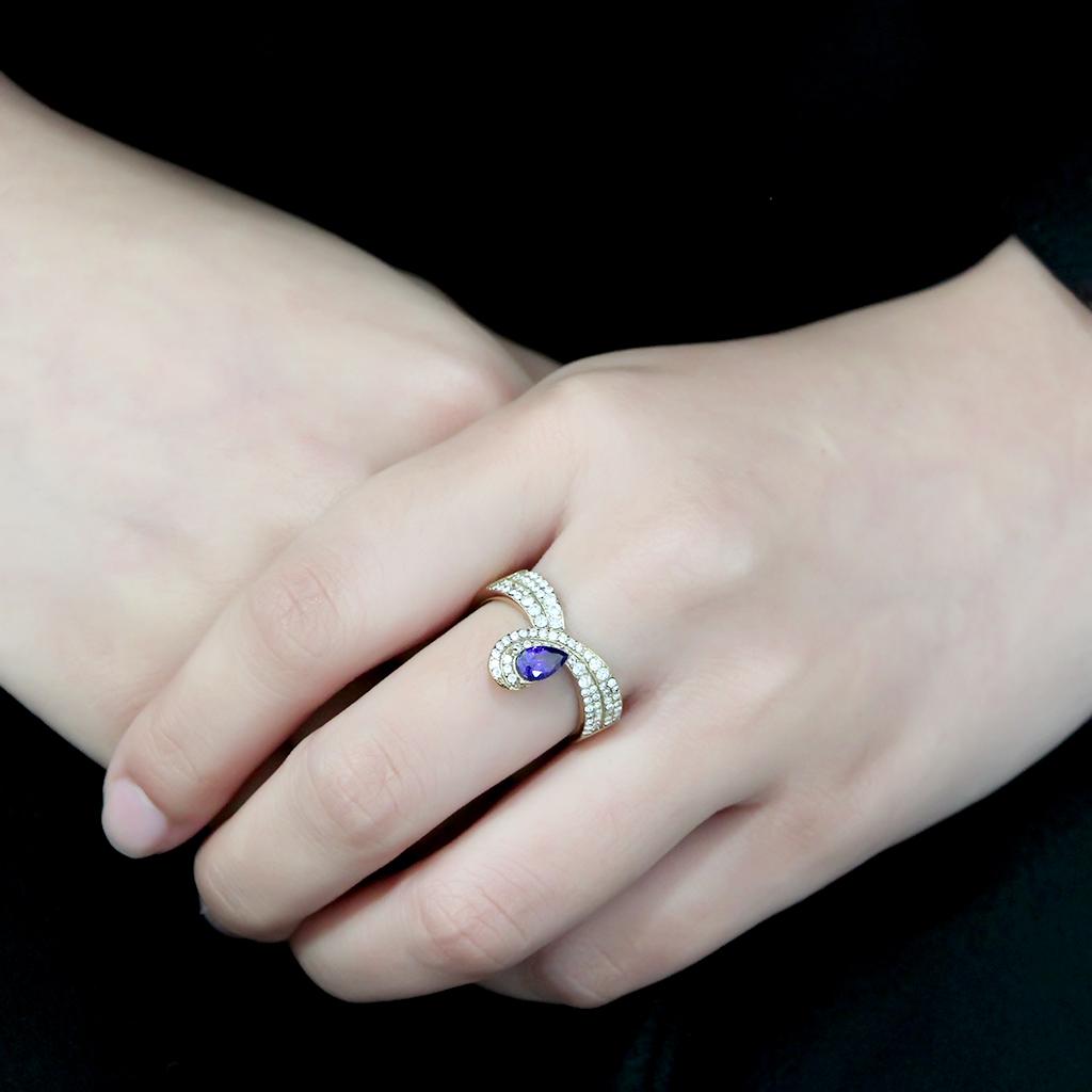 DA304 - IP Gold(Ion Plating) Stainless Steel Ring with AAA Grade CZ in Tanzanite