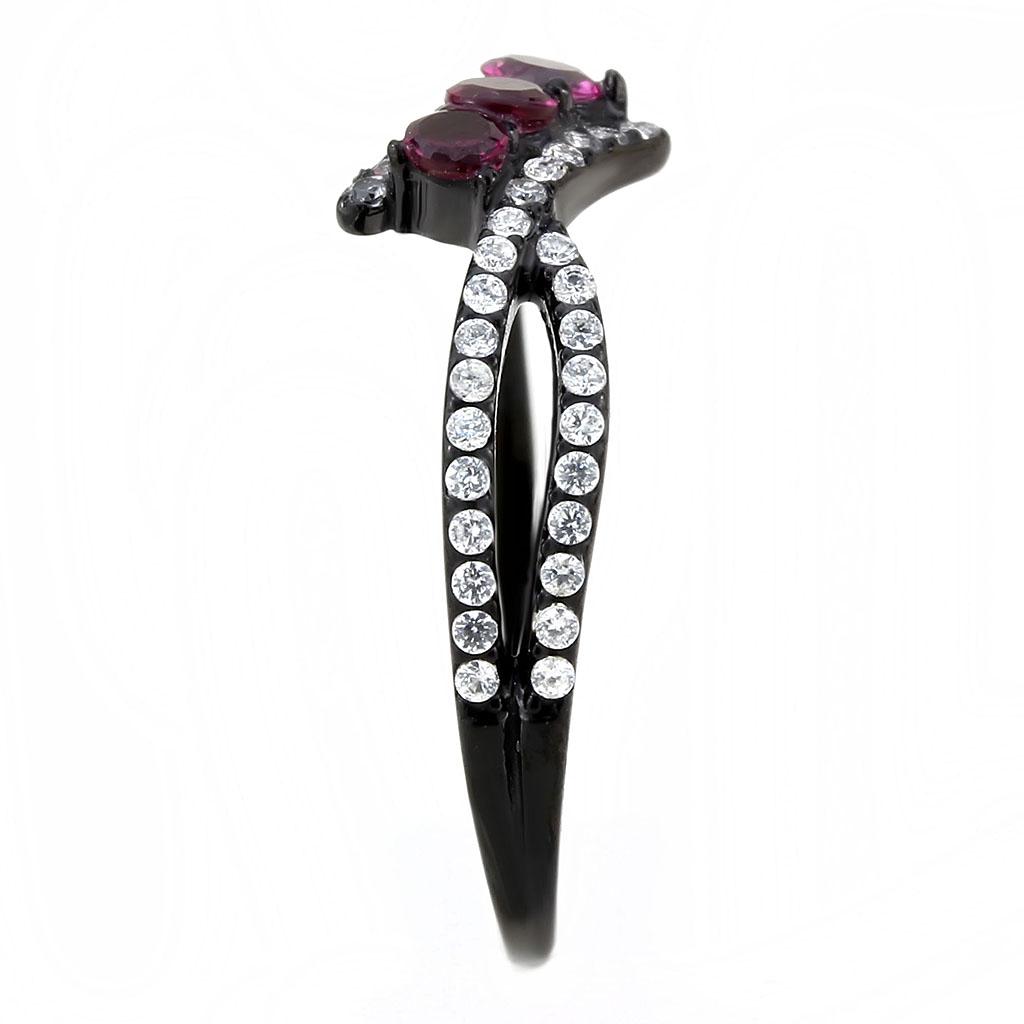 DA324 - IP Black(Ion Plating) Stainless Steel Ring with AAA Grade CZ in Fuchsia