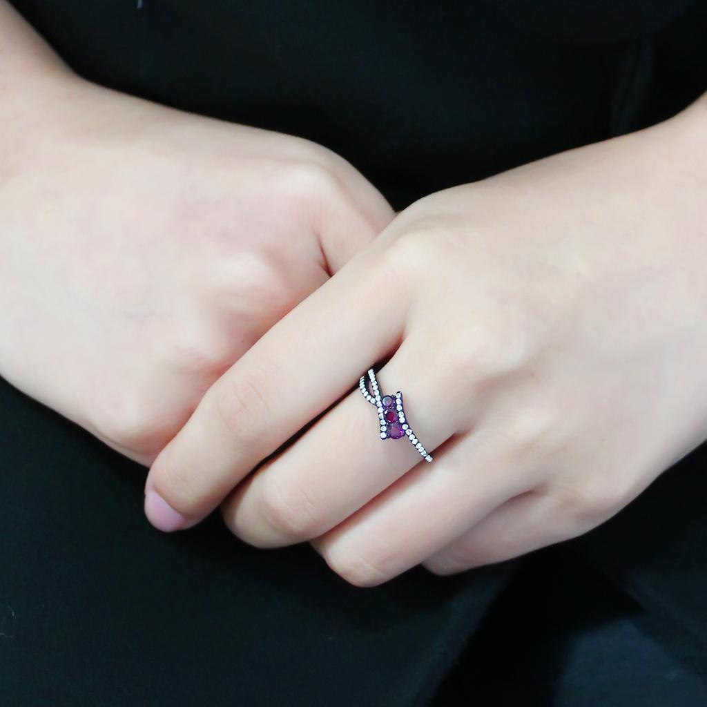 DA324 - IP Black(Ion Plating) Stainless Steel Ring with AAA Grade CZ in Fuchsia