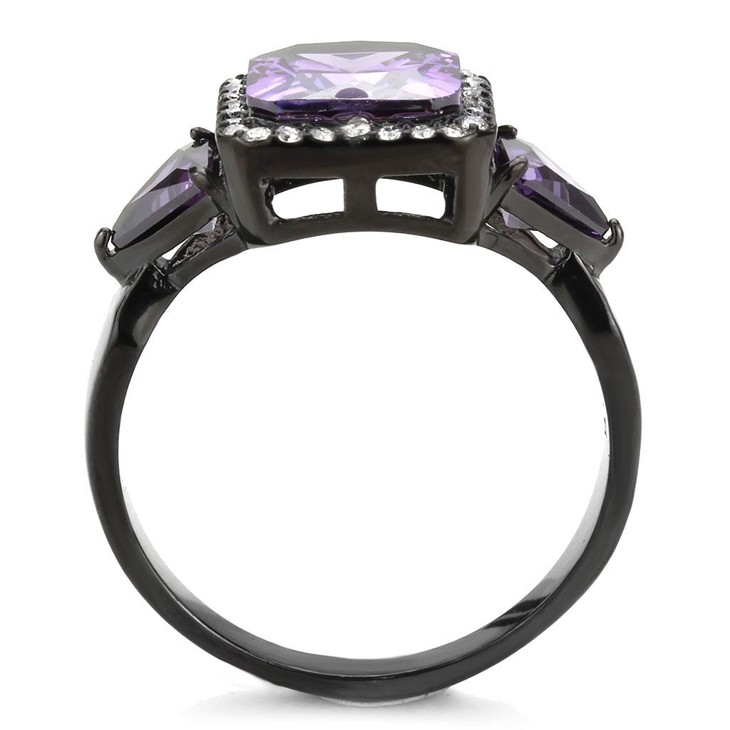 DA346 - IP Black(Ion Plating) Stainless Steel Ring with AAA Grade CZ in Amethyst