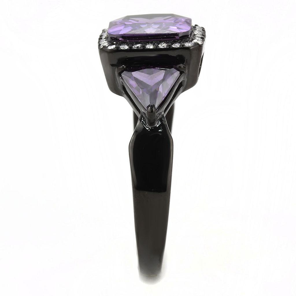 DA346 - IP Black(Ion Plating) Stainless Steel Ring with AAA Grade CZ in Amethyst