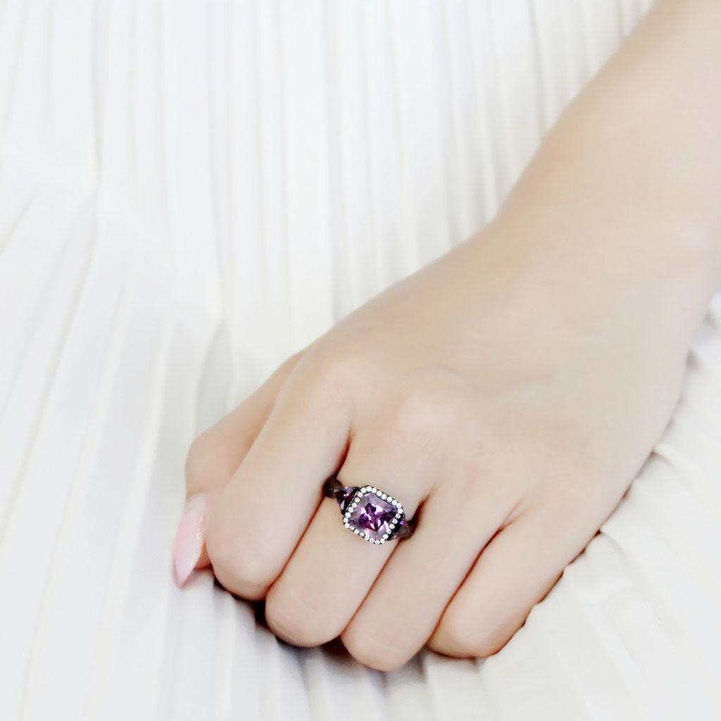 DA346 - IP Black(Ion Plating) Stainless Steel Ring with AAA Grade CZ in Amethyst