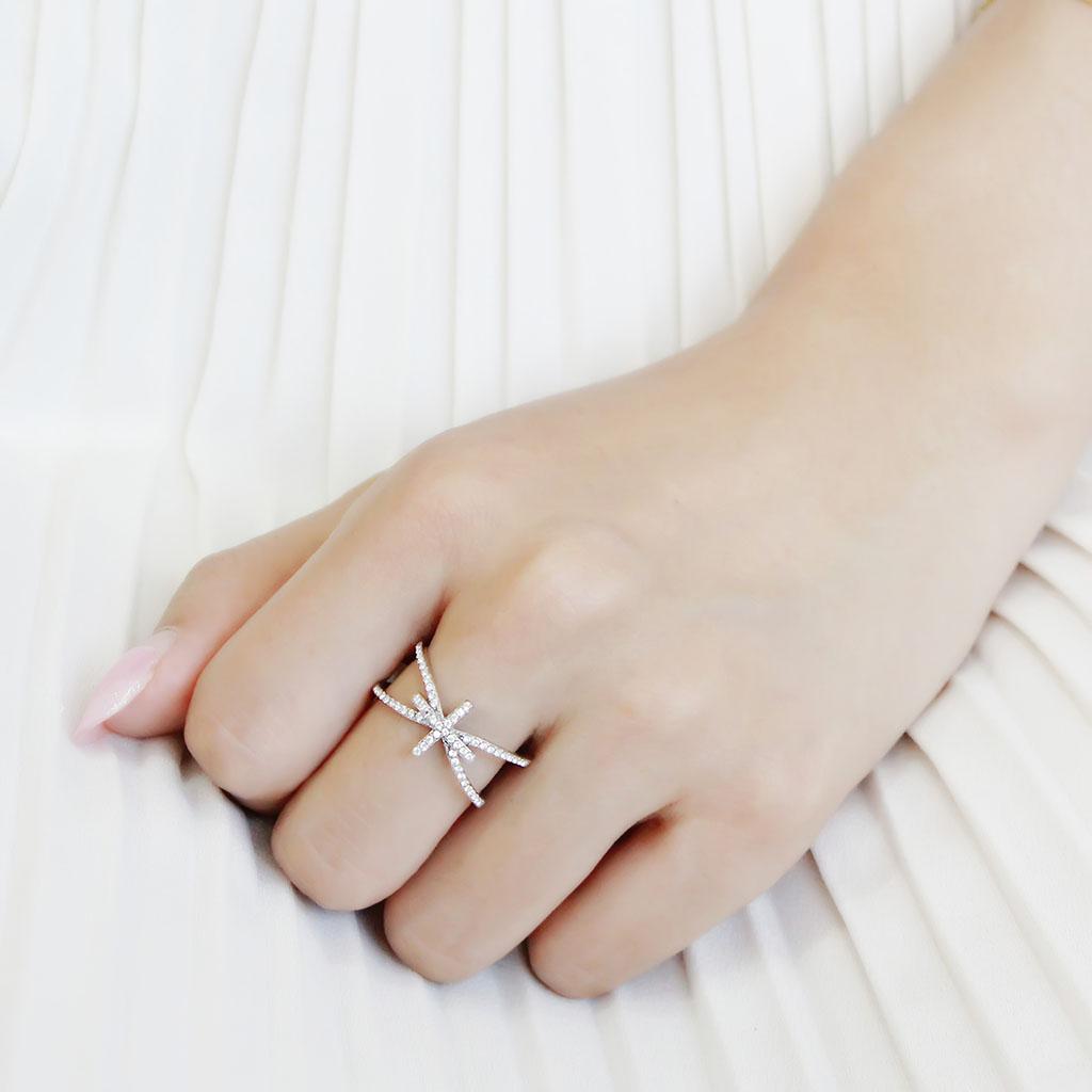 DA353 - High polished (no plating) Stainless Steel Ring with AAA Grade CZ in Clear