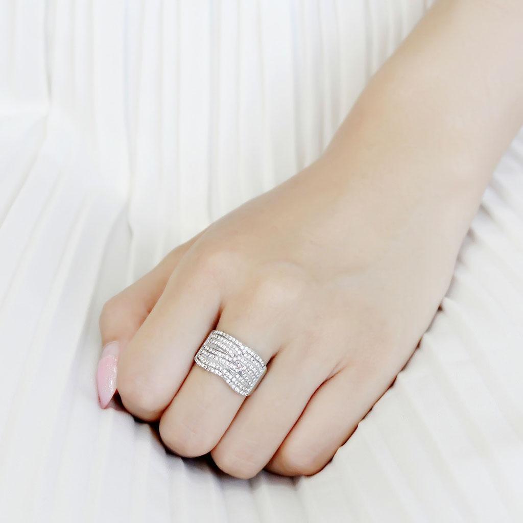 DA362 - High polished (no plating) Stainless Steel Ring with AAA Grade CZ in Clear