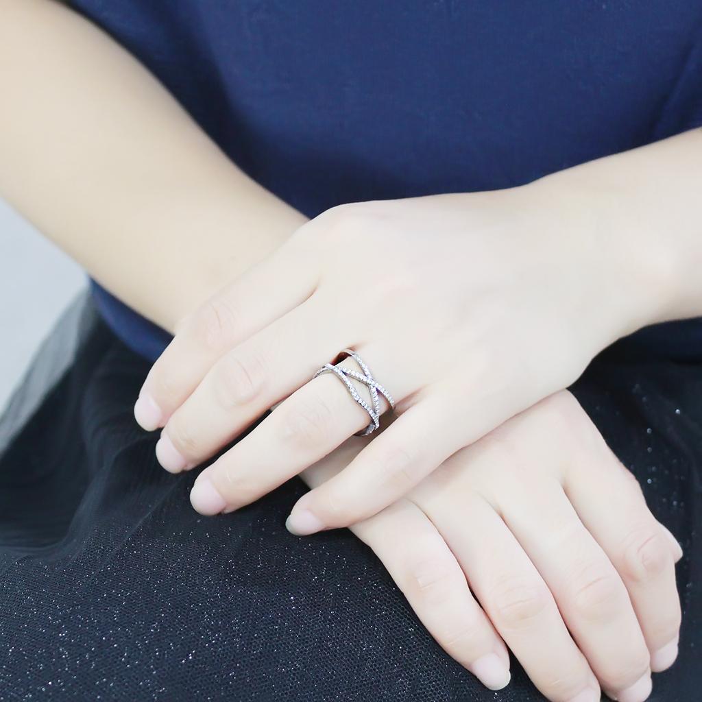 DA381 - High polished (no plating) Stainless Steel Ring with AAA Grade CZ in Clear
