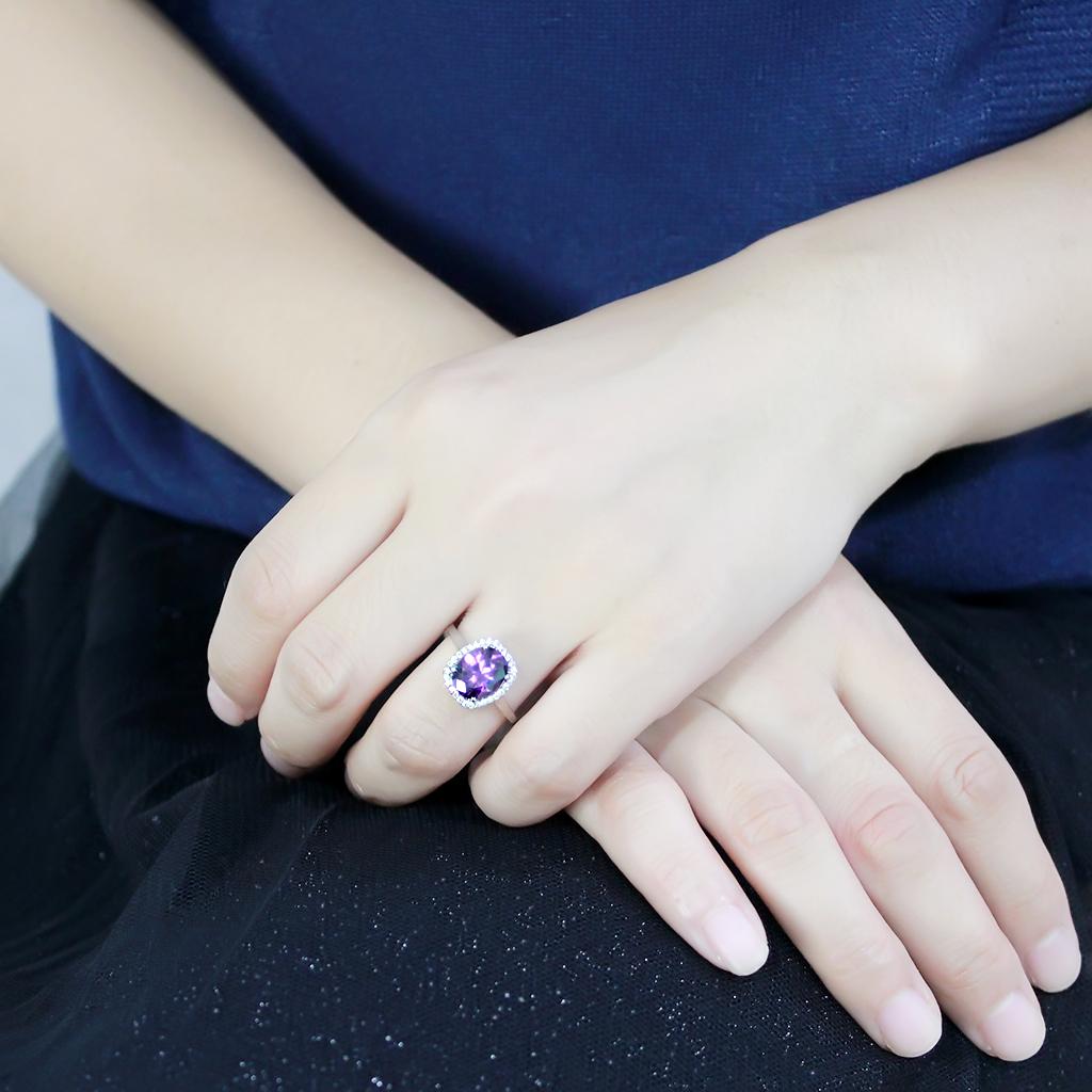 DA385 - High polished (no plating) Stainless Steel Ring with AAA Grade CZ in Amethyst