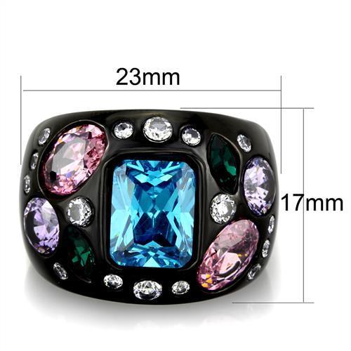 TK1790 - IP Black(Ion Plating) Stainless Steel Ring with AAA Grade CZ in Sea Blue