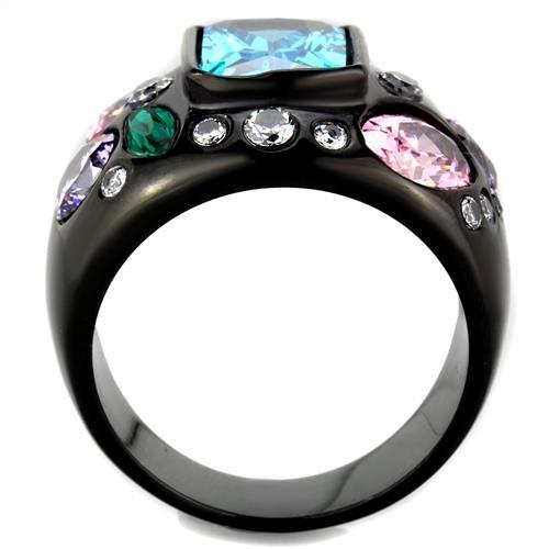 TK1790 - IP Black(Ion Plating) Stainless Steel Ring with AAA Grade CZ in Sea Blue