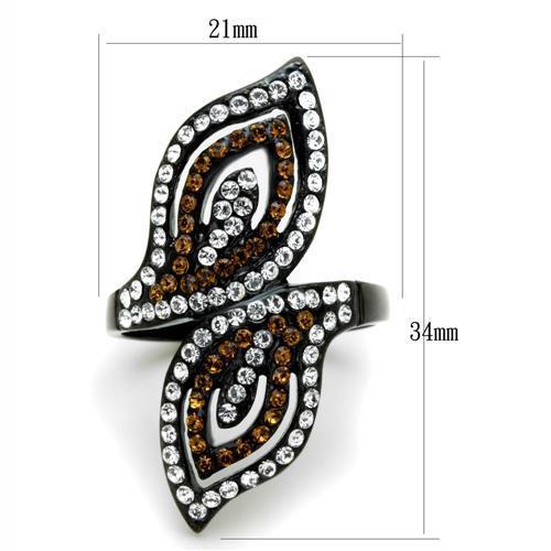 TK1864 - IP Black(Ion Plating) Stainless Steel Ring with Top Grade Crystal in Smoked Quartz