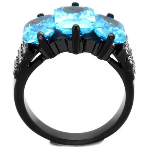 TK1866 - IP Black(Ion Plating) Stainless Steel Ring with AAA Grade CZ in Sea Blue