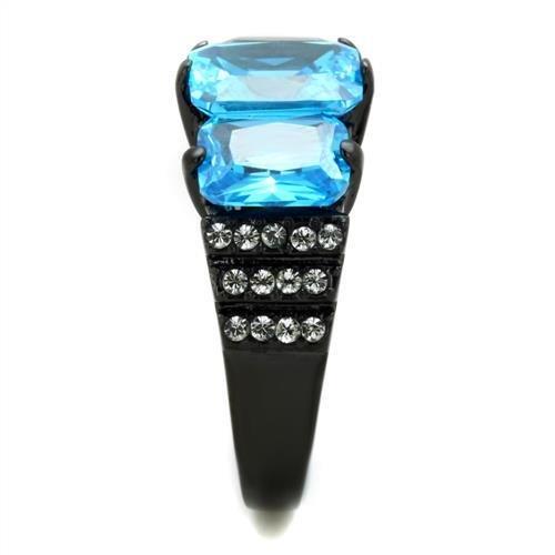 TK1866 - IP Black(Ion Plating) Stainless Steel Ring with AAA Grade CZ in Sea Blue
