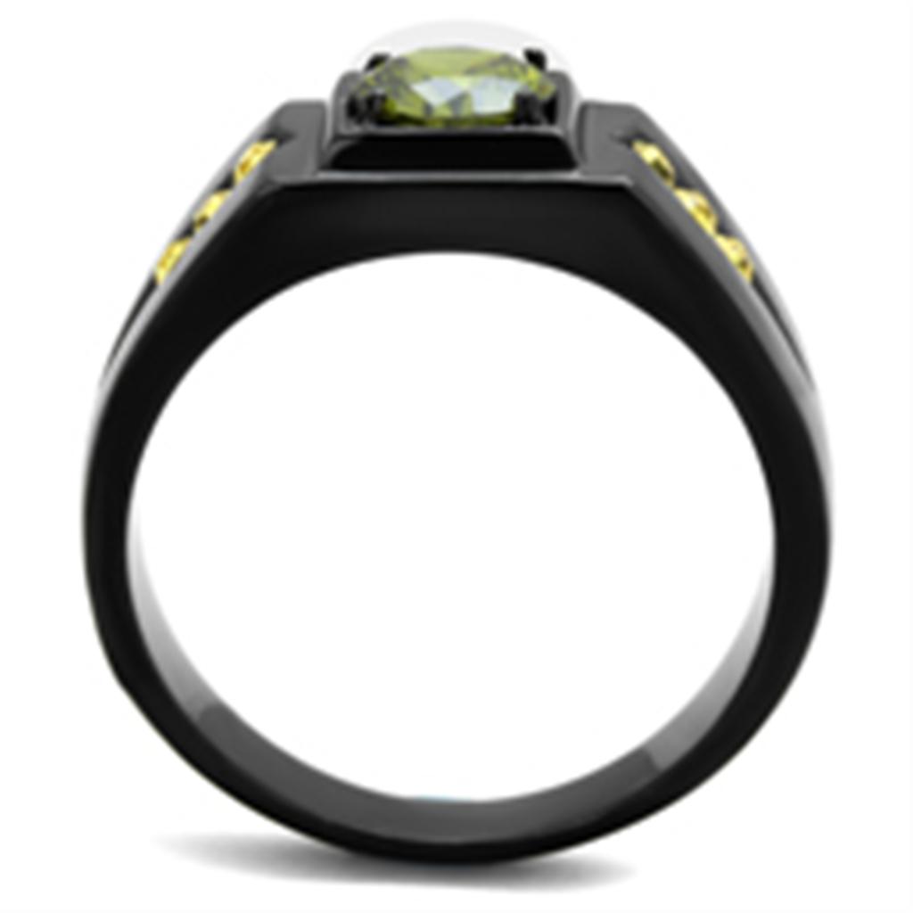 TK1928 - IP Black(Ion Plating) Stainless Steel Ring with AAA Grade CZ in Olivine color