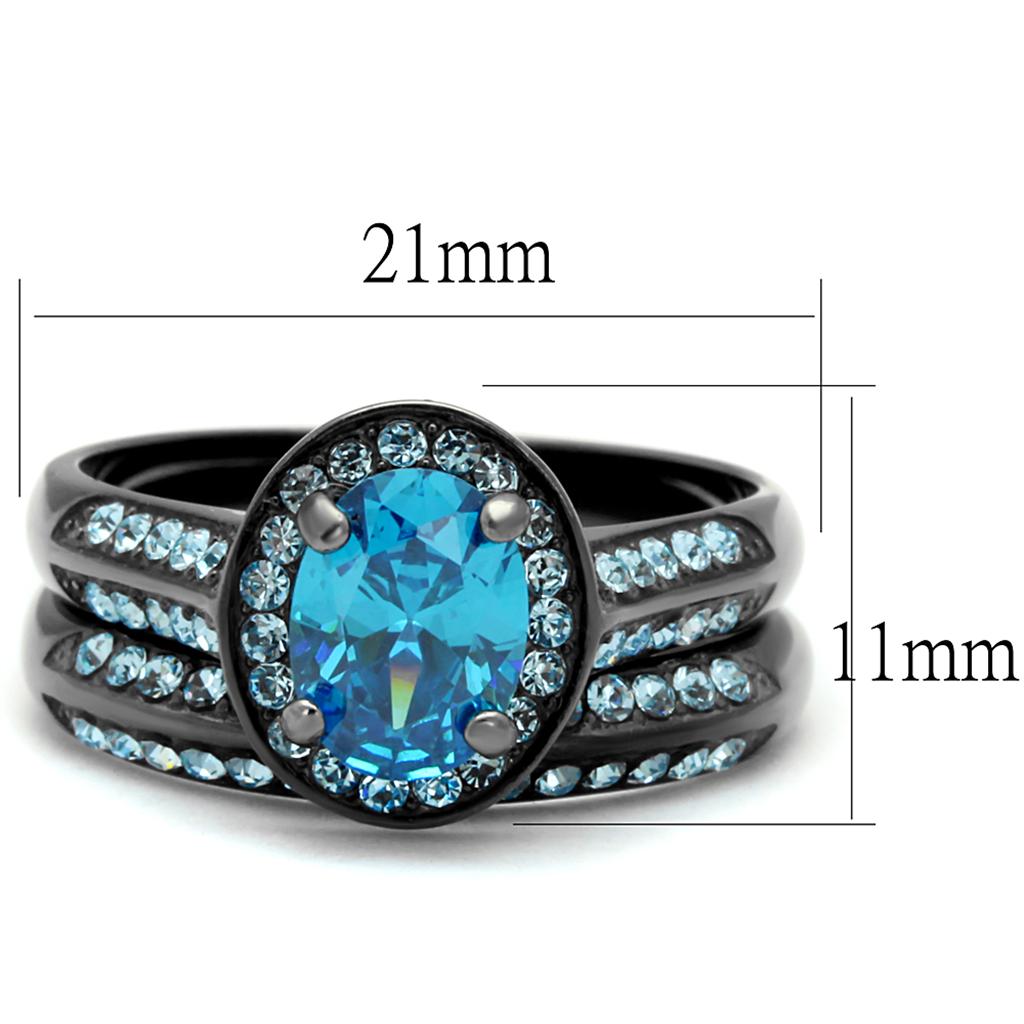 TK1W163LJ - IP Light Black (IP Gun) Stainless Steel Ring with AAA Grade CZ in Sea Blue