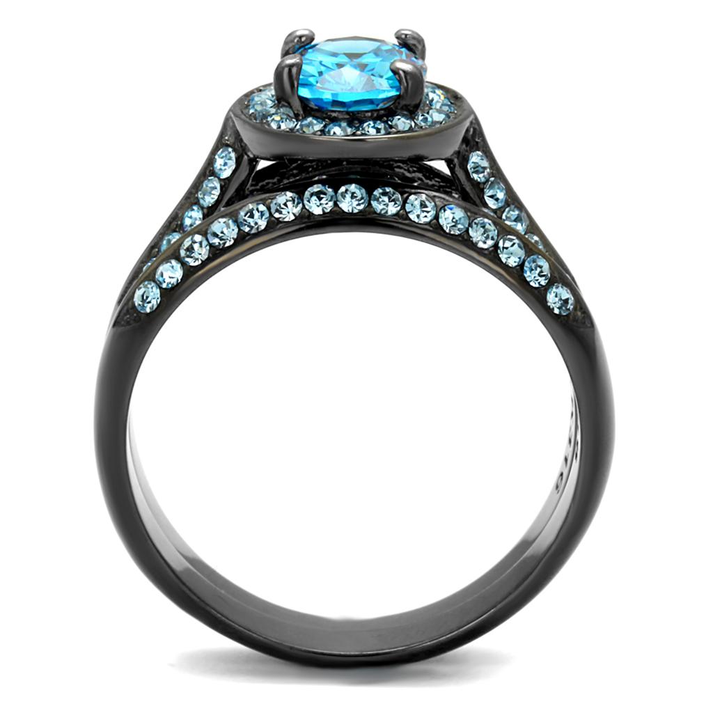 TK1W163LJ - IP Light Black (IP Gun) Stainless Steel Ring with AAA Grade CZ in Sea Blue