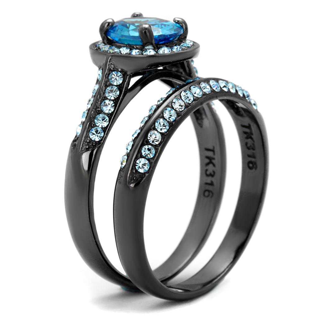 TK1W163LJ - IP Light Black (IP Gun) Stainless Steel Ring with AAA Grade CZ in Sea Blue