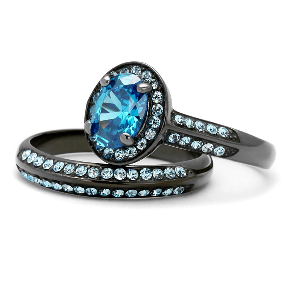 TK1W163LJ - IP Light Black (IP Gun) Stainless Steel Ring with AAA Grade CZ in Sea Blue