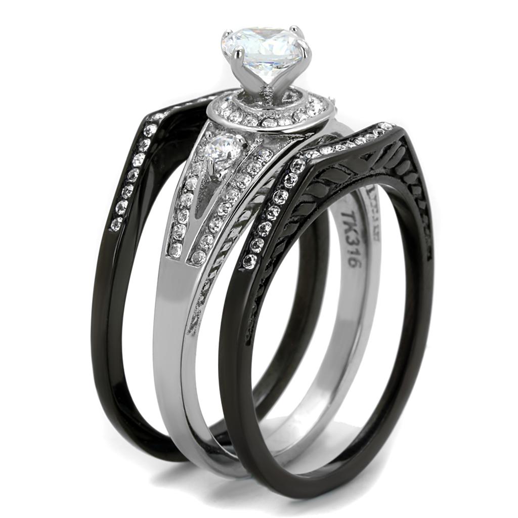TK2044 - Two-Tone IP Black Stainless Steel Ring with AAA Grade CZ in Clear