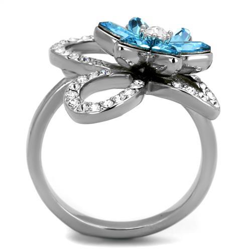 TK2123 - High polished (no plating) Stainless Steel Ring with Top Grade Crystal in Sea Blue
