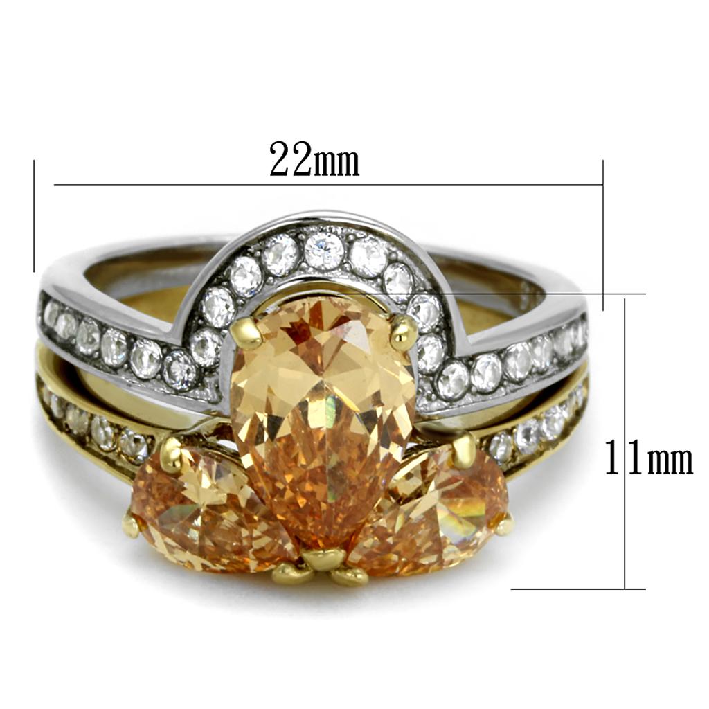TK2132 - Two-Tone IP Gold (Ion Plating) Stainless Steel Ring with AAA Grade CZ in Champagne