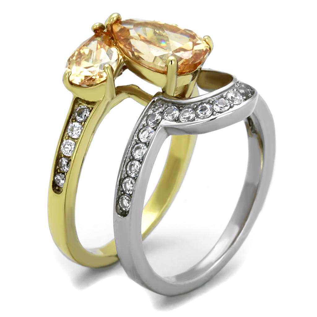 TK2132 - Two-Tone IP Gold (Ion Plating) Stainless Steel Ring with AAA Grade CZ in Champagne