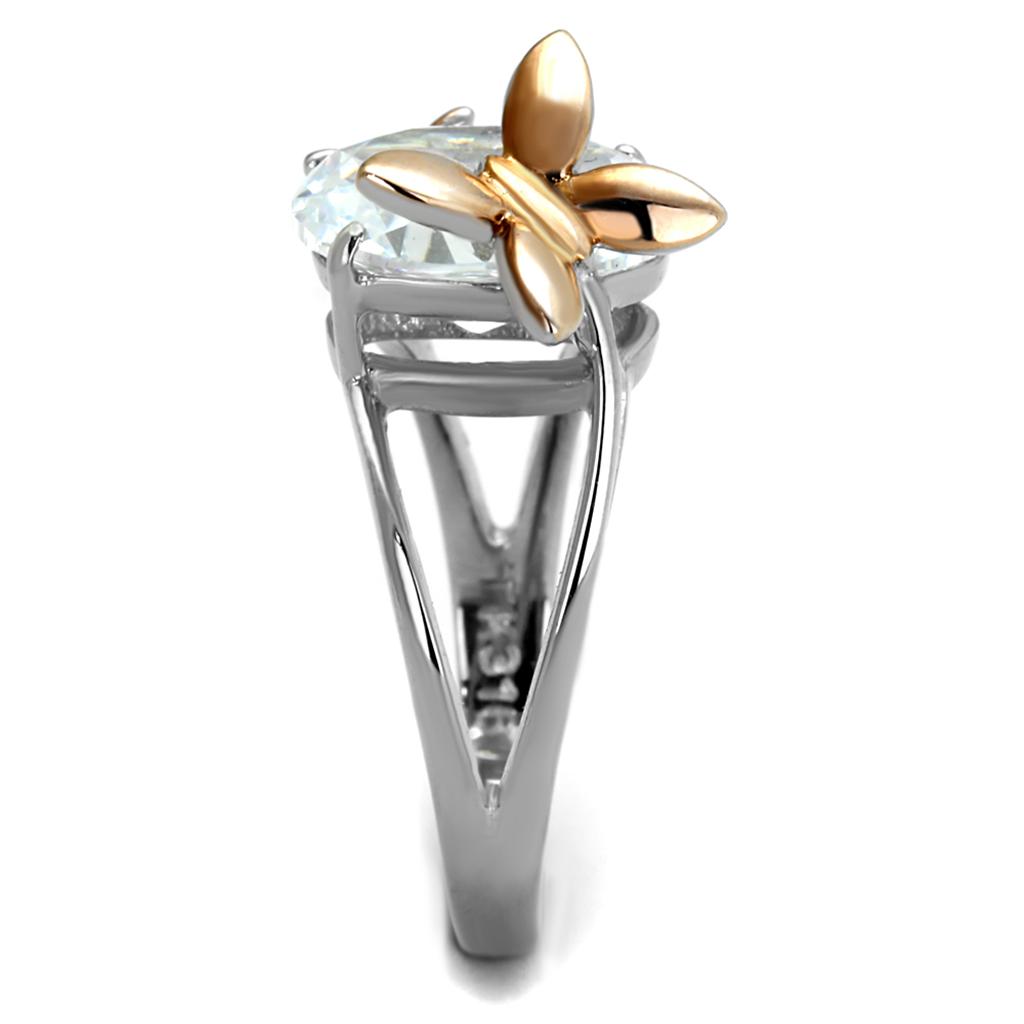TK2135 - Two-Tone IP Rose Gold Stainless Steel Ring with AAA Grade CZ in Clear