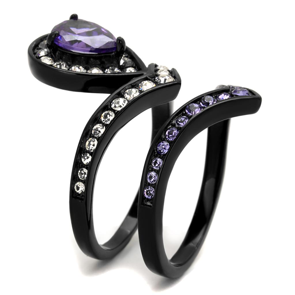 TK2186 - IP Black(Ion Plating) Stainless Steel Ring with AAA Grade CZ in Amethyst