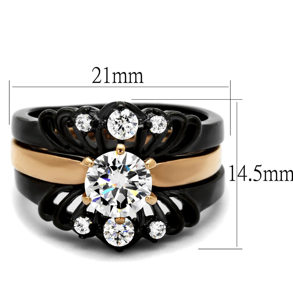 TK2189 - IP Rose Gold+ IP Black (Ion Plating) Stainless Steel Ring with AAA Grade CZ in Clear