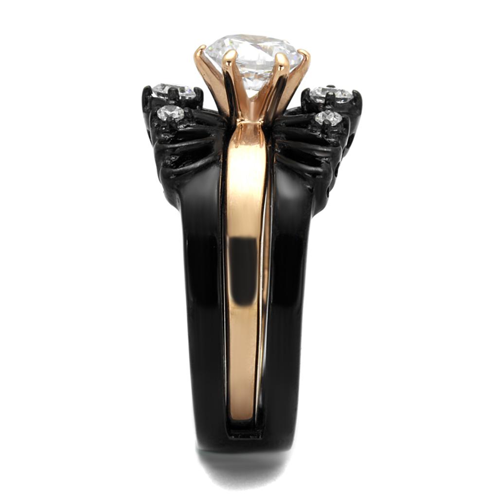 TK2189 - IP Rose Gold+ IP Black (Ion Plating) Stainless Steel Ring with AAA Grade CZ in Clear