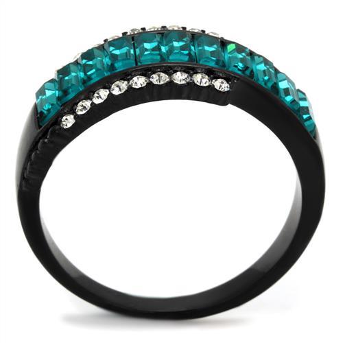 TK2190 - IP Black(Ion Plating) Stainless Steel Ring with Top Grade Crystal in Blue Zircon