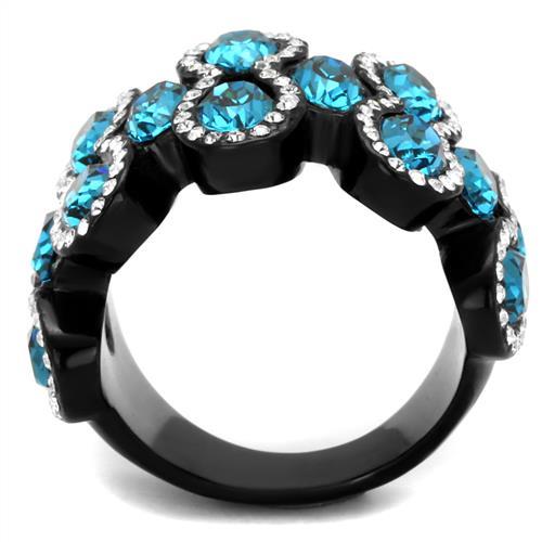TK2289 - IP Black(Ion Plating) Stainless Steel Ring with Top Grade Crystal in Aquamarine