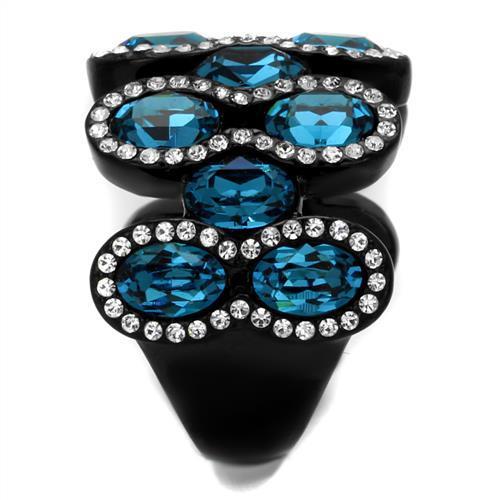 TK2289 - IP Black(Ion Plating) Stainless Steel Ring with Top Grade Crystal in Aquamarine