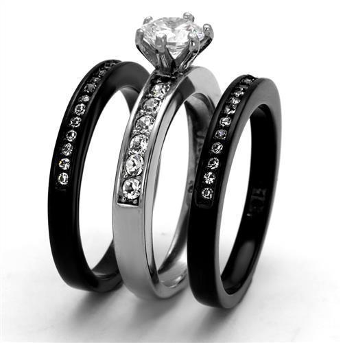 TK2304 - Two-Tone IP Black (Ion Plating) Stainless Steel Ring with AAA Grade CZ in Clear