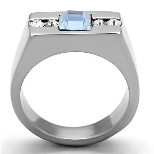 TK2307 - High polished (no plating) Stainless Steel Ring with Top Grade Crystal in Aquamarine