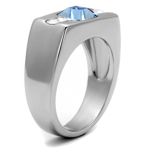 TK2307 - High polished (no plating) Stainless Steel Ring with Top Grade Crystal in Aquamarine