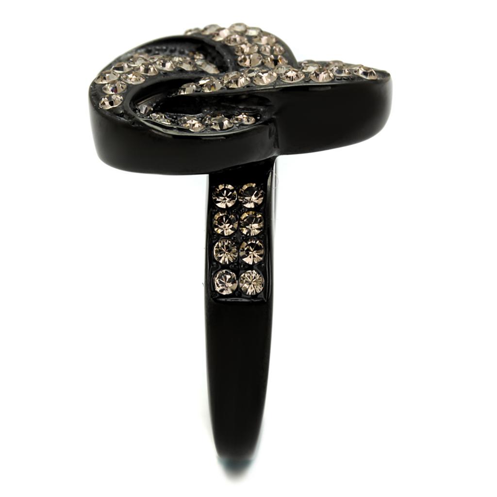 TK2347 - IP Black(Ion Plating) Stainless Steel Ring with Top Grade Crystal in Light Smoked