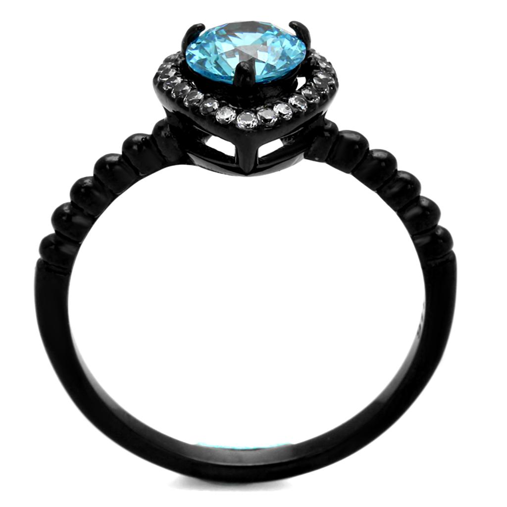 TK2364 - IP Black(Ion Plating) Stainless Steel Ring with AAA Grade CZ in Sea Blue