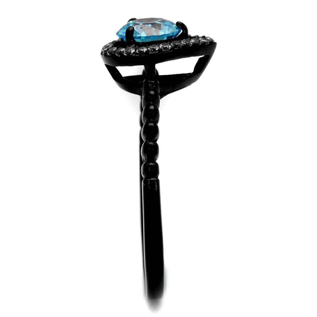 TK2364 - IP Black(Ion Plating) Stainless Steel Ring with AAA Grade CZ in Sea Blue