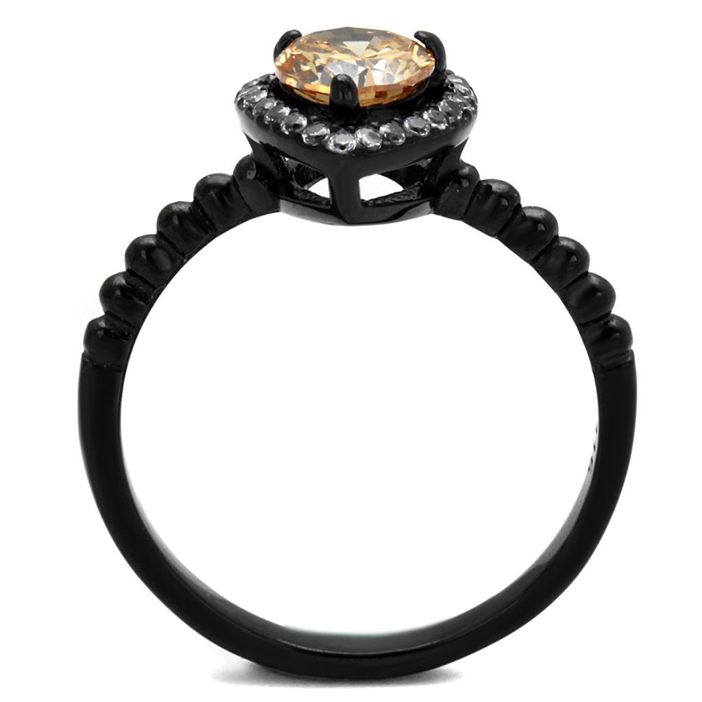 TK2365 - IP Black(Ion Plating) Stainless Steel Ring with AAA Grade CZ in Champagne