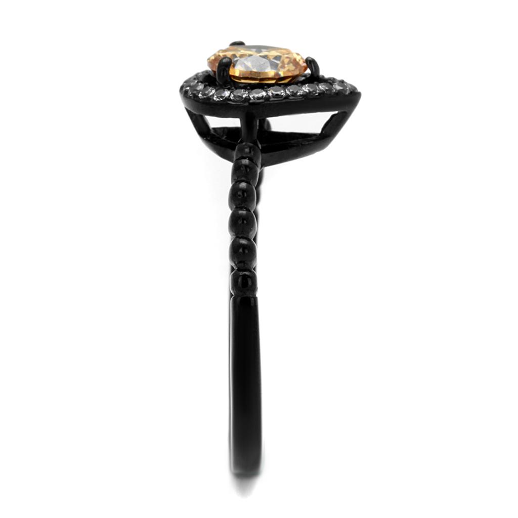 TK2365 - IP Black(Ion Plating) Stainless Steel Ring with AAA Grade CZ in Champagne