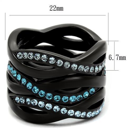 TK2492 - IP Black(Ion Plating) Stainless Steel Ring with Top Grade Crystal in Sea Blue