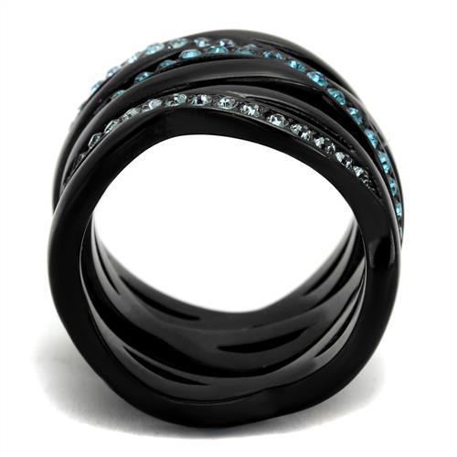 TK2492 - IP Black(Ion Plating) Stainless Steel Ring with Top Grade Crystal in Sea Blue